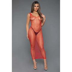 Be Wicked Unleash Me Dress in red fishnet, sleeveless maxi length, front view