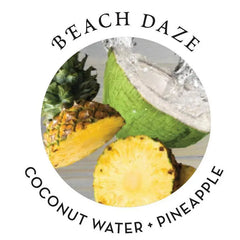 Beach Daze scent graphic showing coconut water and pineapple fragrance notes in circular logo