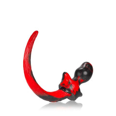 Beagle puppy tail plug, black and red swirl blend, flexible curved tail, rear angle