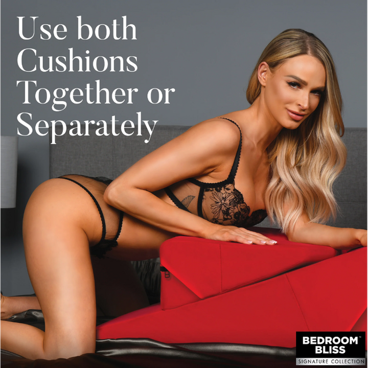 Bedroom Bliss Love Cushion Set in red with blonde model posing across both foam wedge pieces