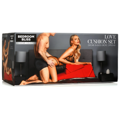Bedroom Bliss Love Cushion Set retail box showing couple using red wedge pillows on bed