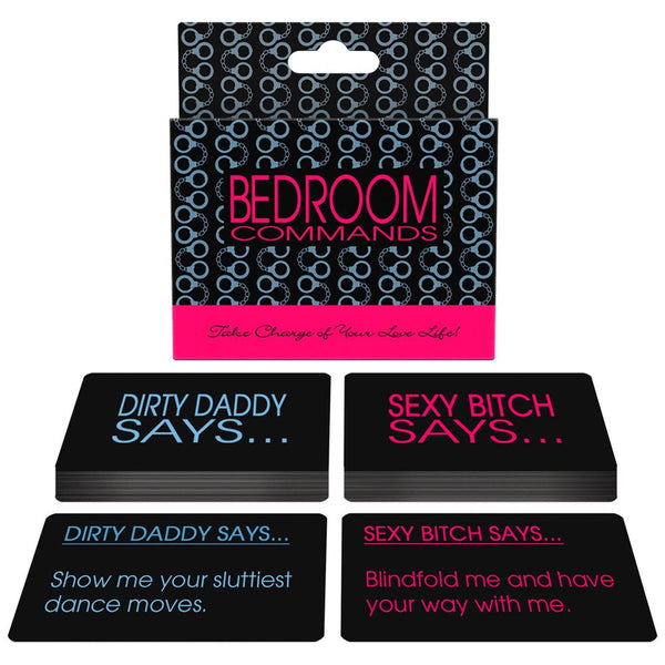 Bedroom Commands card game by Kheper Games with two black card decks and display box