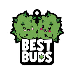 Best Buds air freshener showing kawaii cannabis character design on black tag