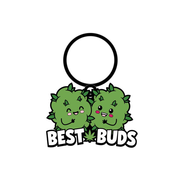 Best Buds enamel keychain featuring two smiling cannabis bud characters in green