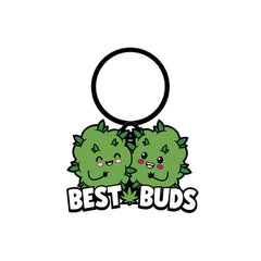 Best Buds enamel keychain featuring two smiling cannabis bud characters in green