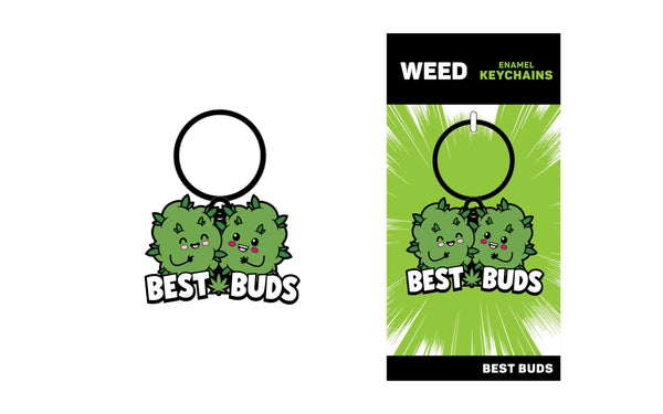 Best Buds Weed Enamel Keychain shown beside its green and white retail card packaging