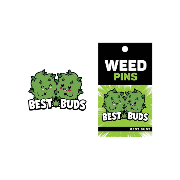 Best Buds weed pin shown beside its black and green retail card packaging