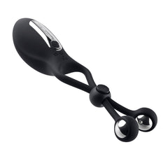 The Big Bang vibrating cock ring angled view showing side control button and silver accents