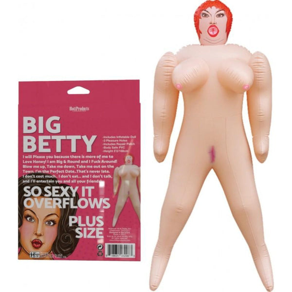 Big Betty inflatable doll displayed beside its product box, showing full-body PVC construction