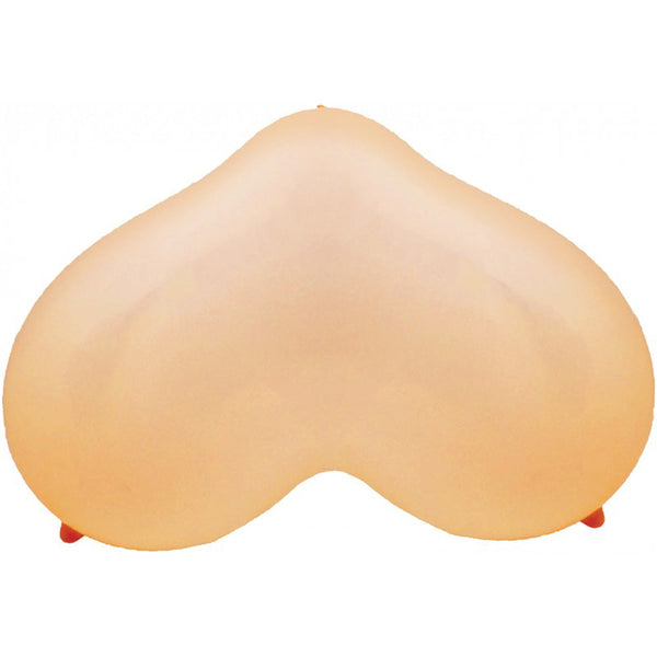 Big Boobie Balloon inflated, skin-tone latex, rounded double-lobe shape with small red tips