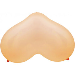 Big Boobie Balloon inflated, skin-tone latex, rounded double-lobe shape with small red tips