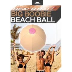 Big Boobie Beach Ball by Hott Products shown in retail box with beach lifestyle photo