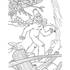 Bigfoot coloring page with forest scene, fine outlines suited for adult-level detail work