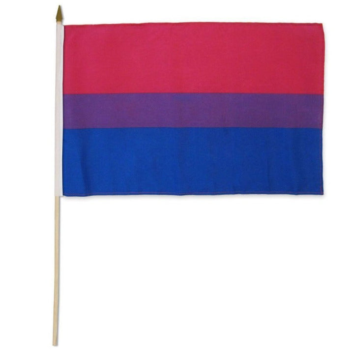 Bisexual 12x18 Stick Flag by Flags Importer with pink, purple, and blue stripes on a wooden dowel