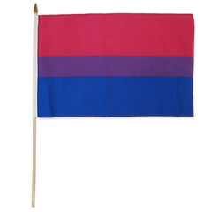 Bisexual 12x18 Stick Flag by Flags Importer with pink, purple, and blue stripes on a wooden dowel