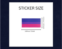 Bisexual pride flag sticker size chart showing 5.08 cm x 3.18 cm compact rectangular dimensions