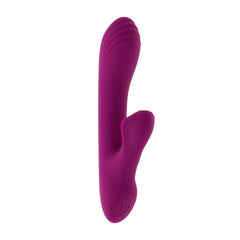 Bitty Bunny dual-stimulation vibrator displaying power button on tapered handle