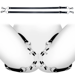 Black adjustable spreader straps with dual clamps shown in use context, demonstrating fit and open-access design
