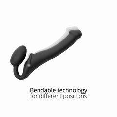 Black bendable strap-on shown flexing to illustrate joint shape memory technology
