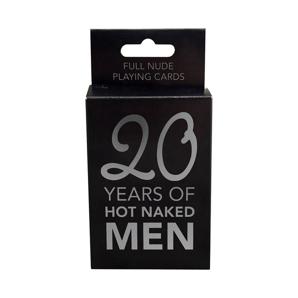 Close-up of the black box packaging labeled Full Nude Playing Cards, 20 Years of Hot Naked Men