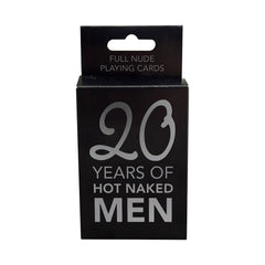 Close-up of the black box packaging labeled Full Nude Playing Cards, 20 Years of Hot Naked Men