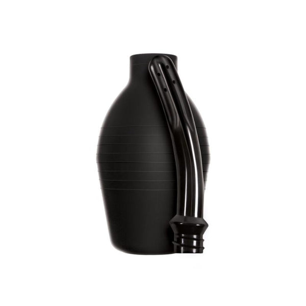 Black bulb-style body cleanser with ribbed nozzle, unboxed rear angle view