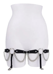 Black chain lace garters worn on lower torso mannequin, front view showing ring and chain drape
