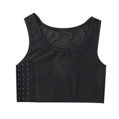 Black chest binder flat lay displaying side hook-and-eye closure panels for adjustable fit