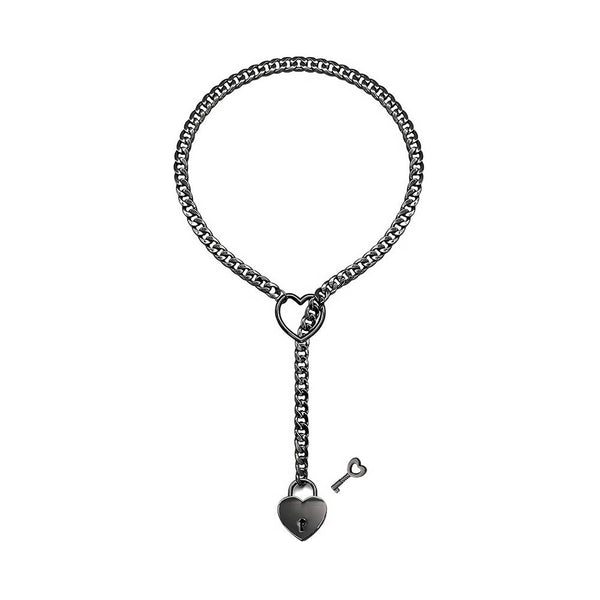Black curb chain slip choker styled as a loop with heart O-ring closure, dangling heart lock, and matching mini key