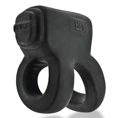 Black dual-ring REVHAMMER vibrating cock ring shown from rear angle, smooth silicone finish