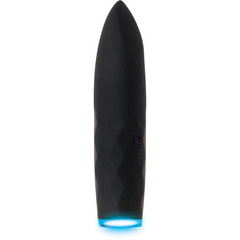 Black faceted bullet vibrator shown with glowing blue charge indicator light and control button