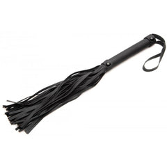 Black faux-leather flogger with wrapped handle, wrist loop, and multi-strand tassels