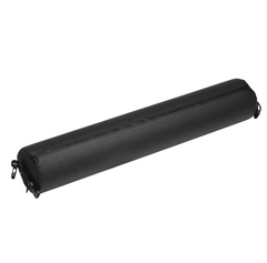 Black faux-leather spreader bar cylinder with zipper seam and D-ring end caps, side angle view