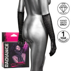 Black fishnet gloves with gem accents; packaging notes hand wash only and 1-year warranty