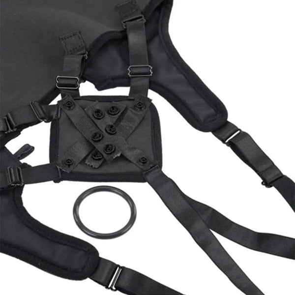 Close-up of black harness mounting panel, adjustable buckles, and included O-ring