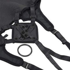 Close-up of black harness mounting panel, adjustable buckles, and included O-ring