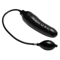 Black inflatable dildo with flexible pump tube shown fully inflated at larger size