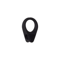 Black Knight silicone cock ring angled side view showing oval opening and dotted stimulator detail