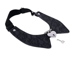 Black lace day collar laid flat, angled side view highlighting adjustable strap and heart lock