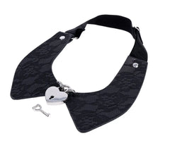 Black lace Peter Pan collar with silver heart padlock pendant and matching key, side angle