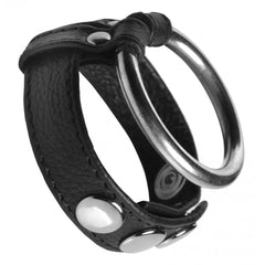 Close-up of black leather snap strap detail with steel O-ring on cock and ball ring