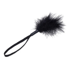 Black marabou feather tickler teaser shown at an angle, highlighting the braided wrist strap