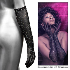 Close-up of black mesh glove texture with rhinestones; lifestyle shot showing elbow-length fit