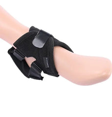 Close-up of black neoprene foot harness with Velcro closure and Sportsheets branding label