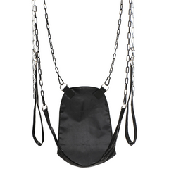 Black nylon sex sling with metal chains and ankle strap loops, front product view
