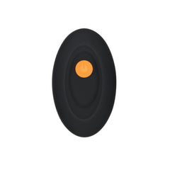 Black oval wireless remote control with orange power button for 30-foot range operation