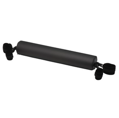 Black padded spreader bar with two soft cuffs attached at each end, isolated on white background
