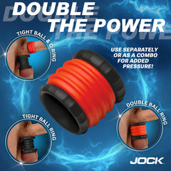 Black and red Jock silicone c-ring combo showing ball ring and shaft ring usage options