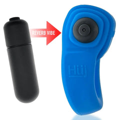 Black Reverb bullet vibe beside blue silicone REVRING showing insertion point