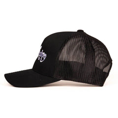 Black Sexy Living cap, opposite side profile showing mesh ventilation panels and embroidered lettering